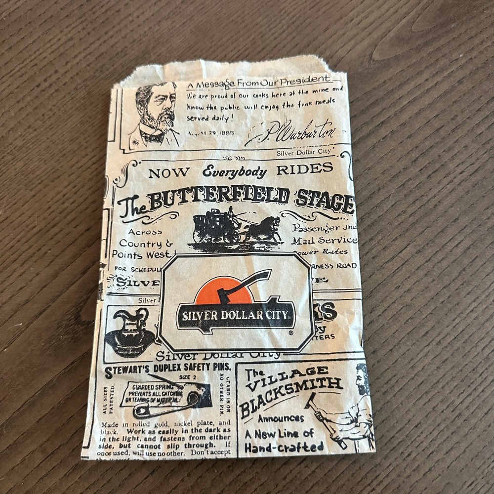 Vintage Silver Dollar City Souvenir Paper Bag Theme Park Ephemera Branson MO 8x5